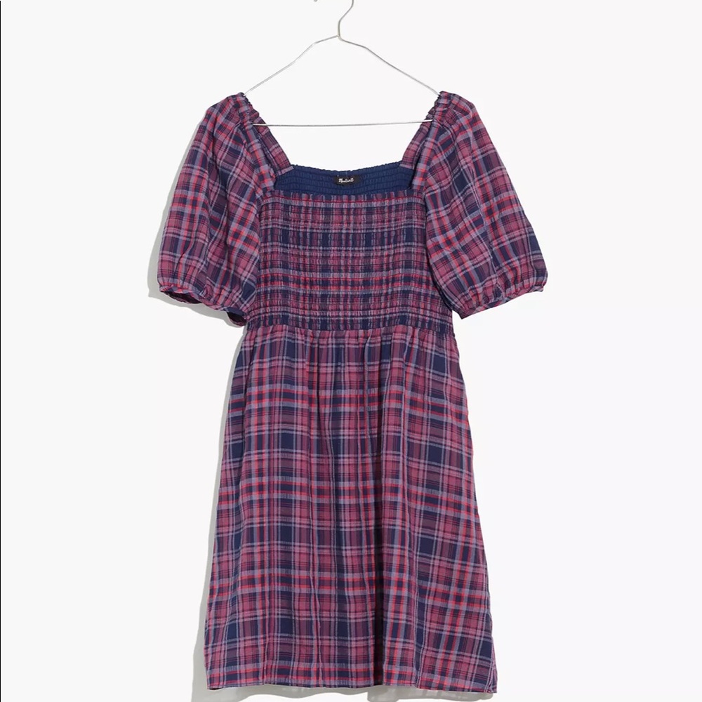 Madewell Puff-Sleeve Smocked Plaid Mini Dress